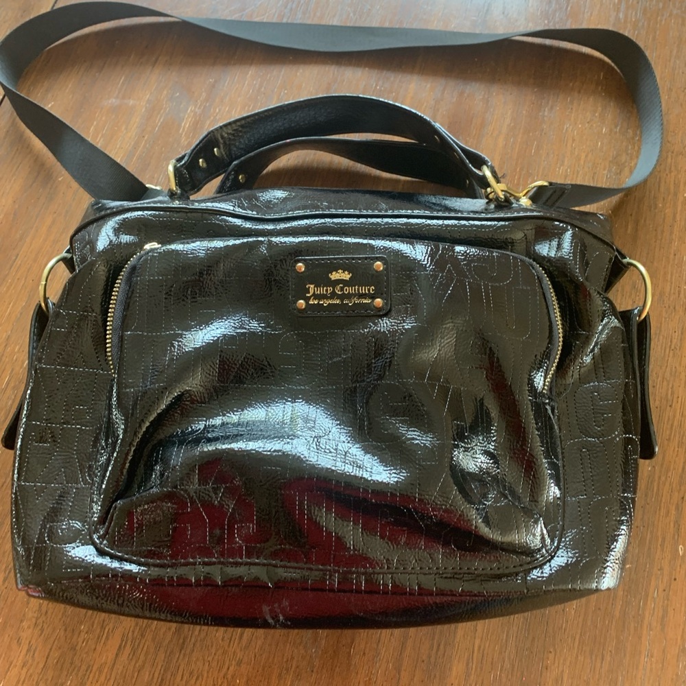 Juicy Couture Black Patent Leather Monogram Crossbody Shoulder Hand Carry Purse